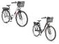 Twee elektrische stadsfietsen, één wit en één donkergrijs, met voormanden en bagagedragers.