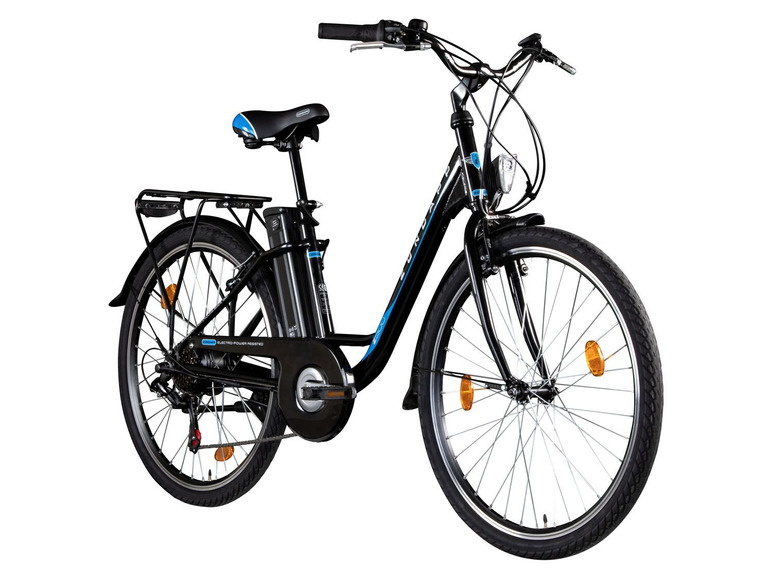 Zwarte elektrische fiets met blauwe accenten.