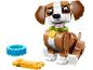 Speelgoedhond van bouwstenen met een voerbak en een bot
