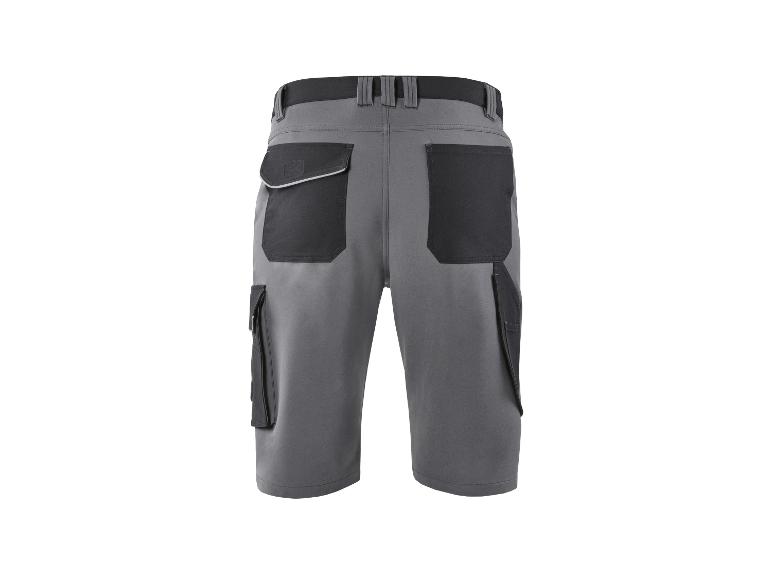 Grijze werkshorts met zwarte zakken en reflecterende details.
