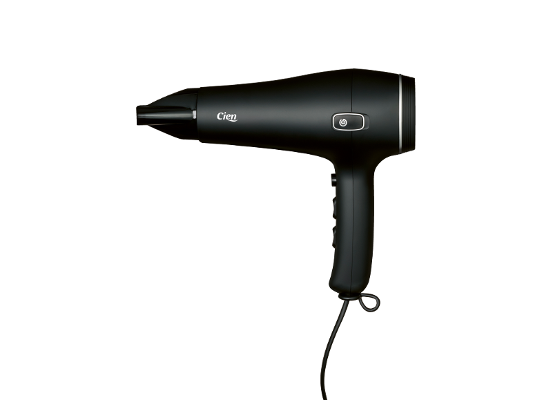 Zwarte föhn met snoer, knoppen en wit logo.