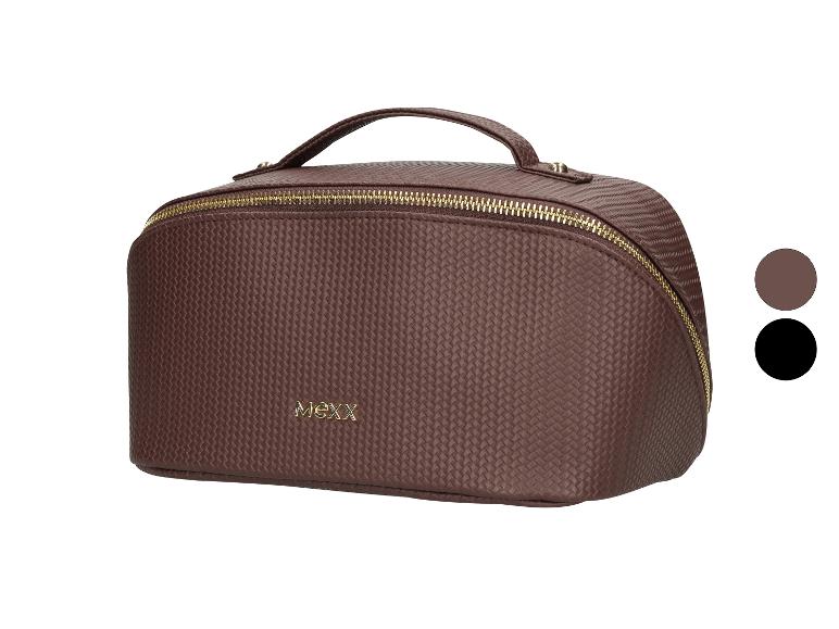 Bruine MEXX make-up tas met gouden rits en handvat aan de bovenkant.