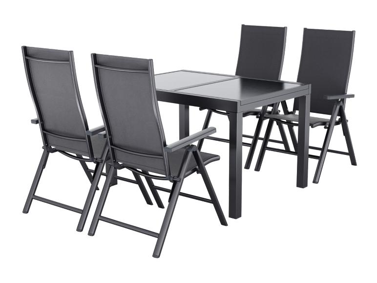Donkergrijze tuinset met een tafel en vier opvouwbare stoelen.