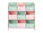 Roze opbergrek met negen stoffen bakken in mintgroen en roze.