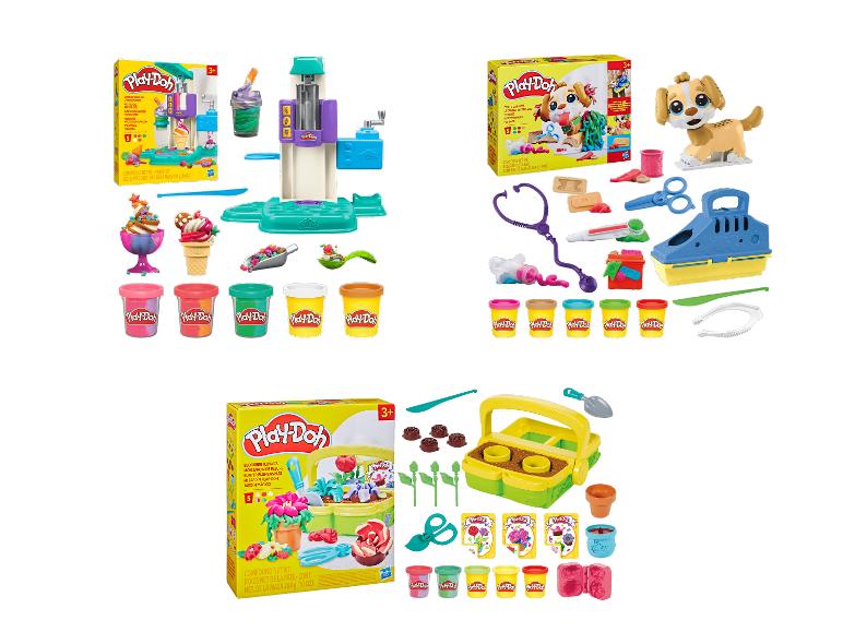 Play-Doh sets met ijsmachine, dierenarts en bloementuin.