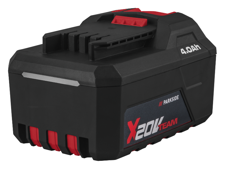 Zwart-rode draadloze gereedschapsaccu met 4,0Ah capaciteit en X20V Team branding.