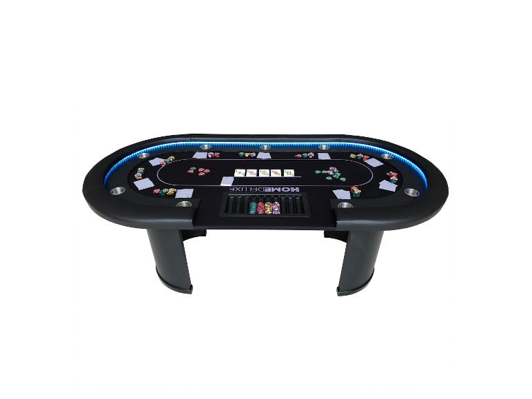 Zwarte pokertafel met blauwe LED-verlichting, fiches en kaarten.