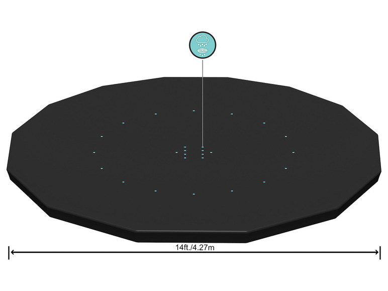 Een zwarte ronde dekzeil voor een zwembad met een diameter van 4,27 meter.