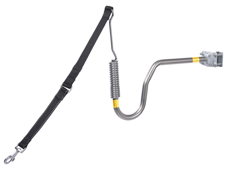 Een zwarte hondenriem met een metalen uitloopsysteem.