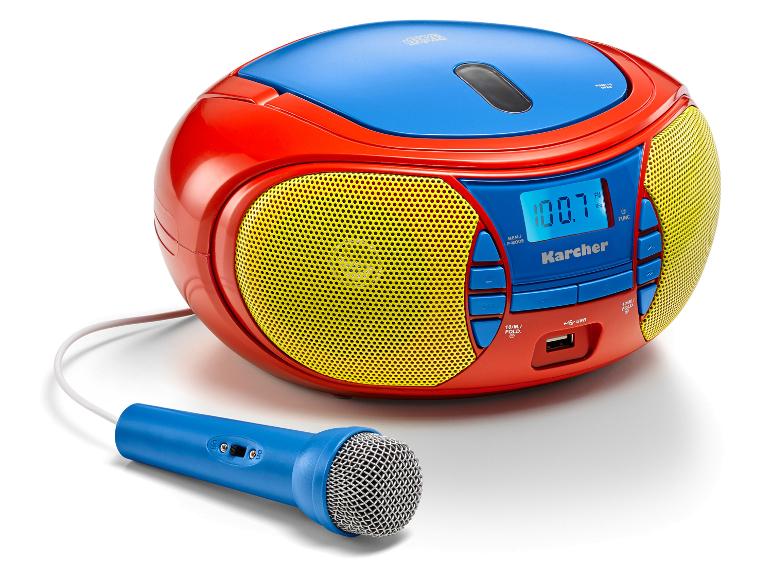 Een kleurrijke kinderboombox met microfoon, cd-speler en radio.