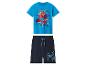 Jongenspyjama met blauw T-shirt met korte mouwen met superheldenprint en marineblauwe korte broek met trekkoord.