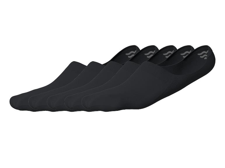 Vijf paar zwarte korte sokken met een grijs golfpatroon aan de binnenkant.