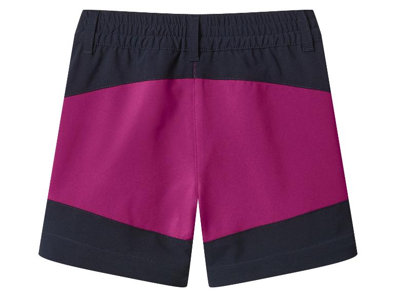 Dames sportshort in donkerblauw en magenta met elastische tailleband.