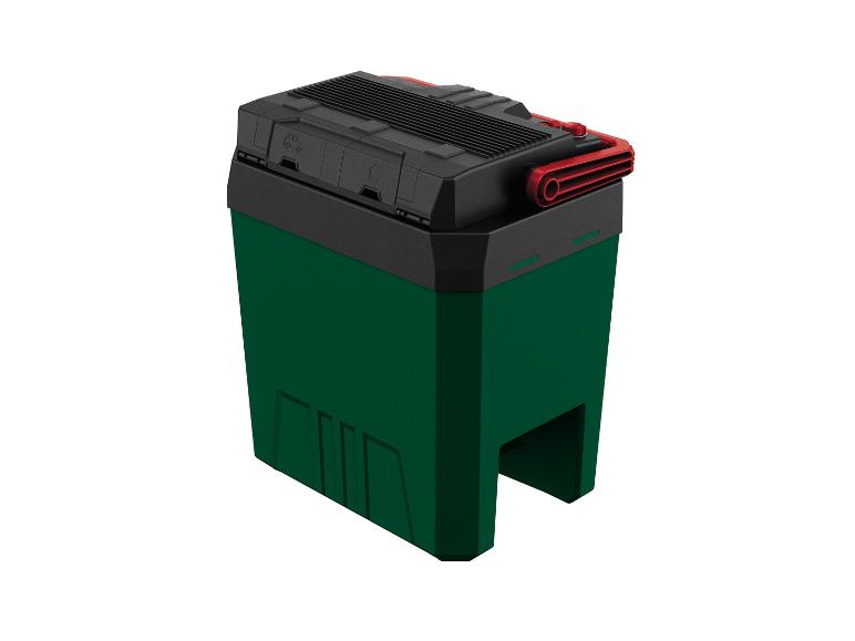 Donkergroene opbergbox met zwarte deksel en rode handgreep.