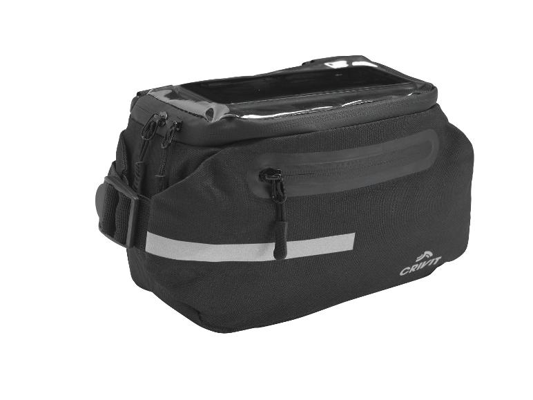 Zwarte fietstas met reflecterende strepen van Crivit.