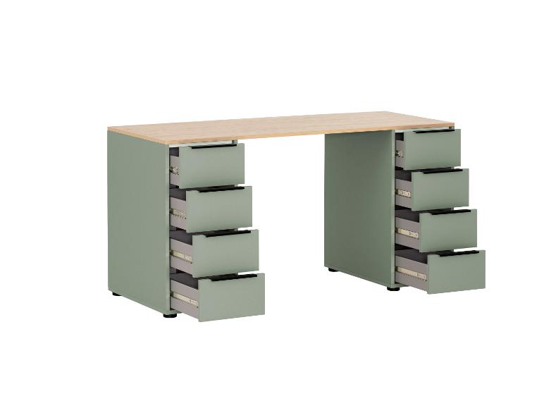 Lichtgroen bureau met houten blad en open lades