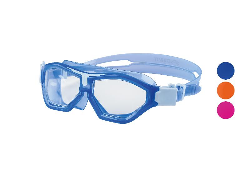 Blauwe zwembril met heldere lenzen en drie kleuropties.