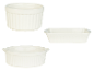 Drie witte keramische ovenschalen: rond, rechthoekig en ovaal