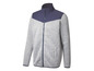 Een grijze fleece trui met blauwe details en een rits.