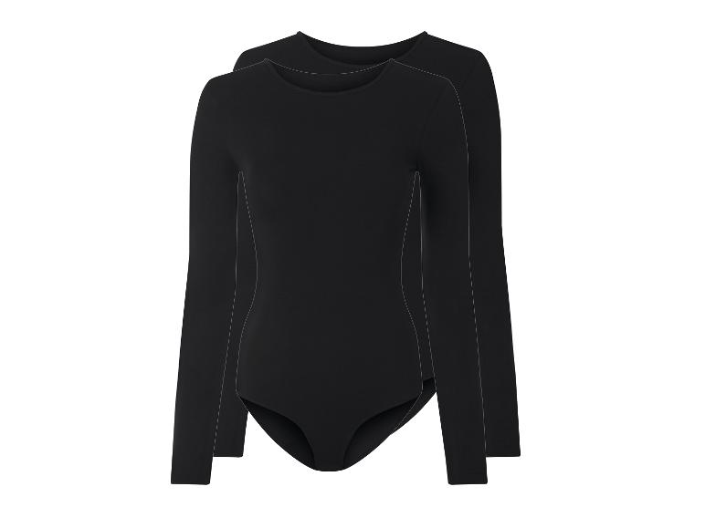 Twee zwarte bodysuits met lange mouwen, achter elkaar geplaatst.