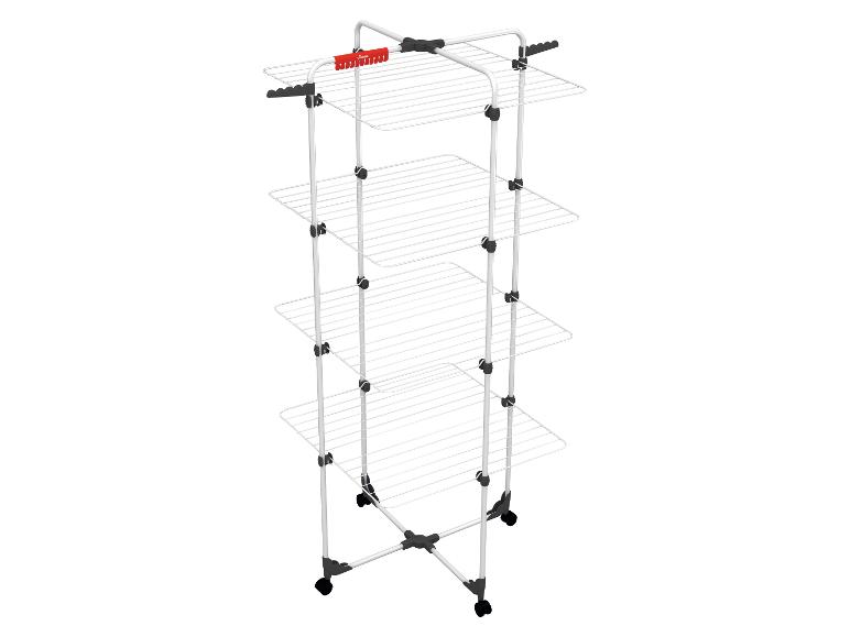 Verticaal wasrek met vier niveaus en wieltjes.