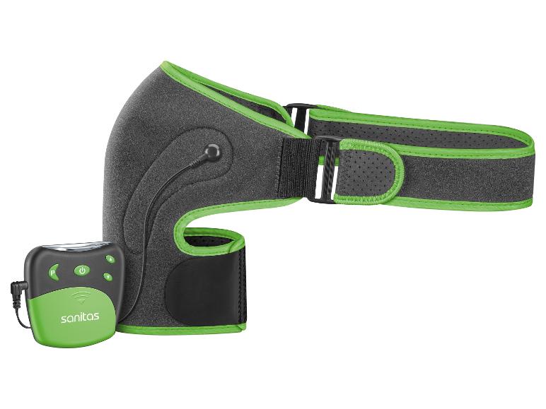 Sanitas fysiotherapie-apparaat met band en afstandsbediening.