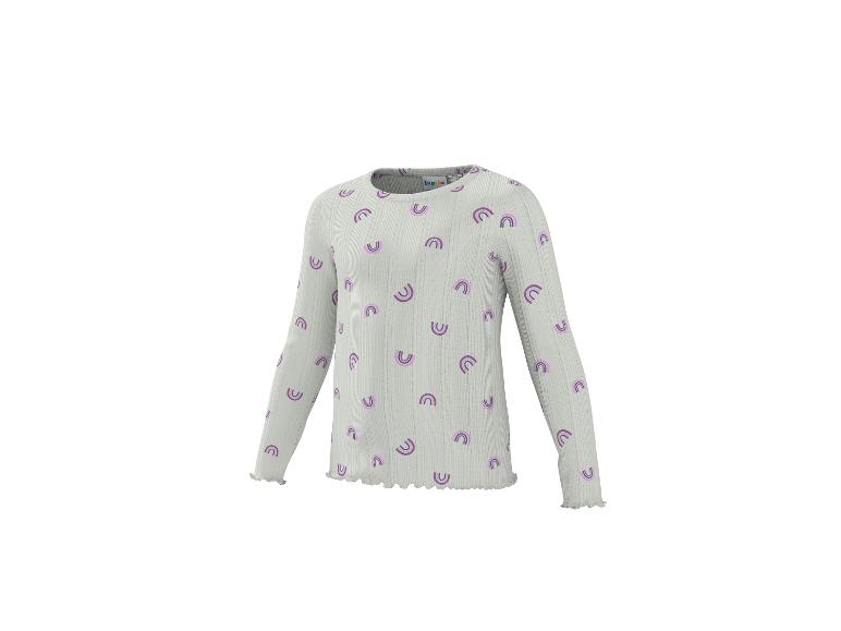 Kinder shirt met lange mouwen, lichtgroen met paarse regenboogprints.