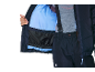 Dames winterjas met blauwe voering en donkere skibroek met bretels