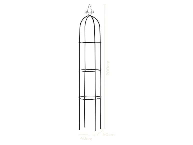Zwarte metalen tuinobelisk met afmetingen: 200 cm hoogte, 40 cm breedte.