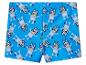 Blauwe kinderzwemshort met cartoonhondenpatroon.