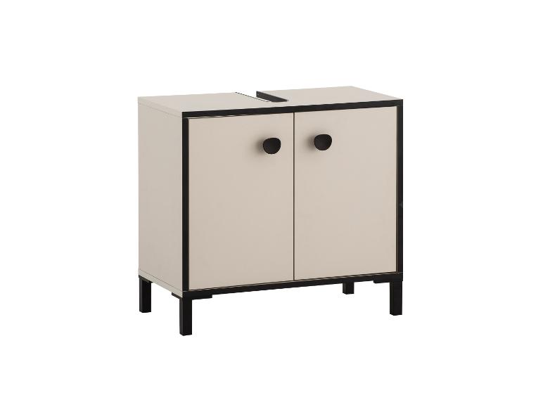 Badkamermeubel met geïntegreerde wastafel, beige kast met zwarte handgrepen en zwarte poten.