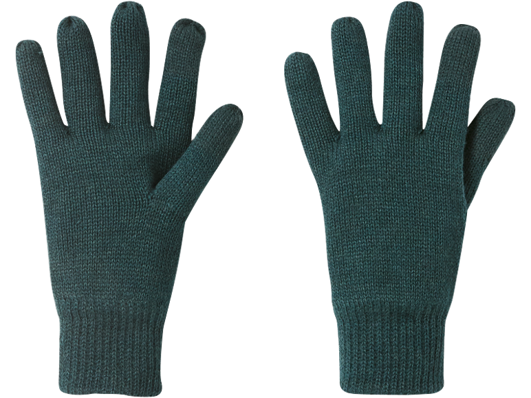 Paar donkergroene gebreide handschoenen, één toont de handpalm en de andere de rug.