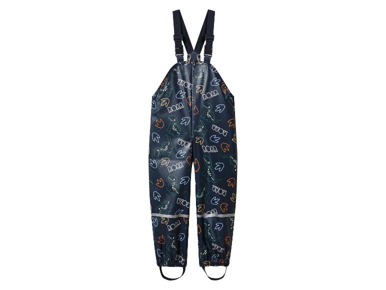 Waterdichte kinderoveralls met dinosaurusprint en reflecterende details.