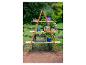 Houten plantenrek met diverse potplanten en tuindecoraties buiten.