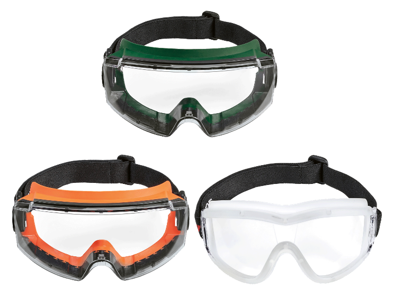 Drie veiligheidsbrillen in verschillende kleuren.
