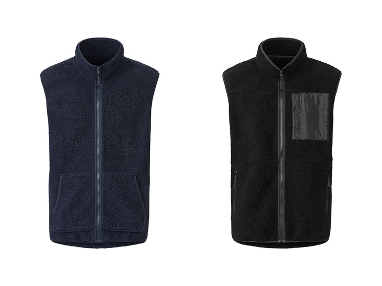 Twee fleece vesten met ritsen, een donkerblauwe en een zwarte.