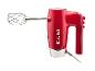 Rode handmixer met metalen garde en '1973' op de zijkant.