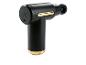 Zwart massagepistool met gouden accenten en blauwe indicatielampjes.