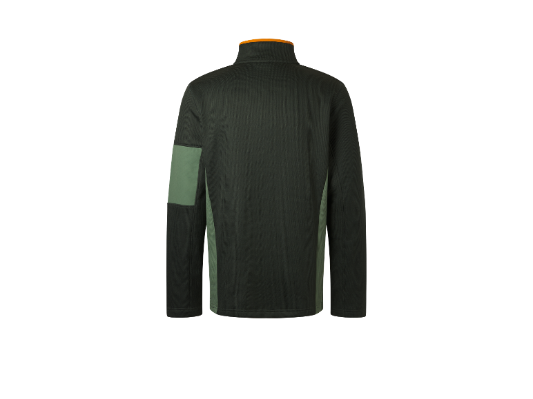 Een donkergroen fleecejack met een oranje kraag en lichtgroene accenten.