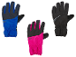 Drie paar winterhandschoenen, één blauw, één roze en één zwart.