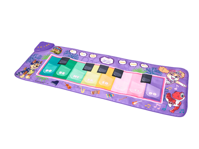 Paw Patrol Dino Movie thema pianospelmat met personages en muzieknoten.