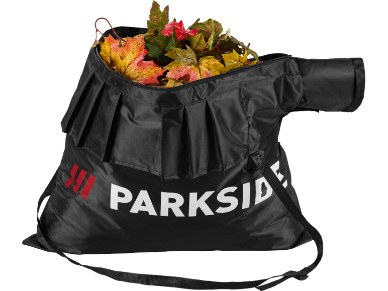 Parkside bladopvangzak gevuld met kleurrijke herfstbladeren.