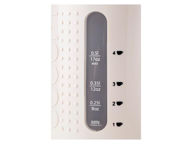 Waterniveau-indicator op een waterkoker, met volume- en kopmarkeringen.