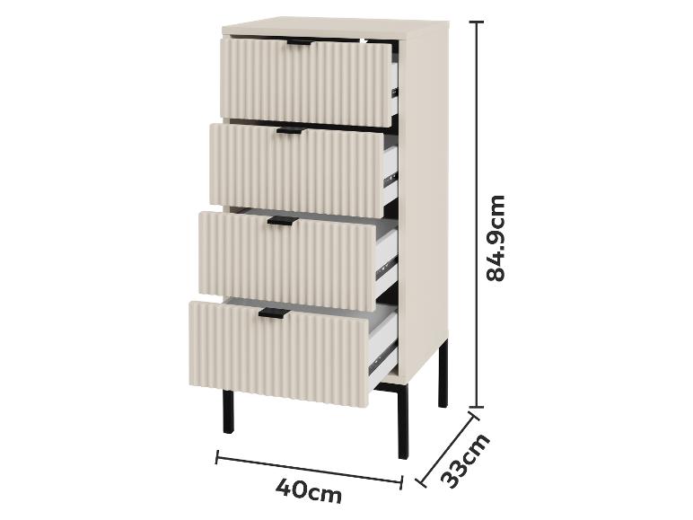 Hoge, smalle ladekast met 4 lichtbeige lades, zwarte handgrepen en poten, afmetingen 84.9x40x33cm.