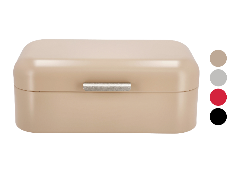 Beige broodtrommel met metalen handvat, met kleurstalen in grijs, rood en zwart.
