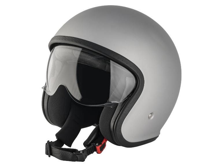 Grijze motorhelm met open vizier en zwarte kinband