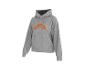Grijze hoodie met oranje logo op de voorkant