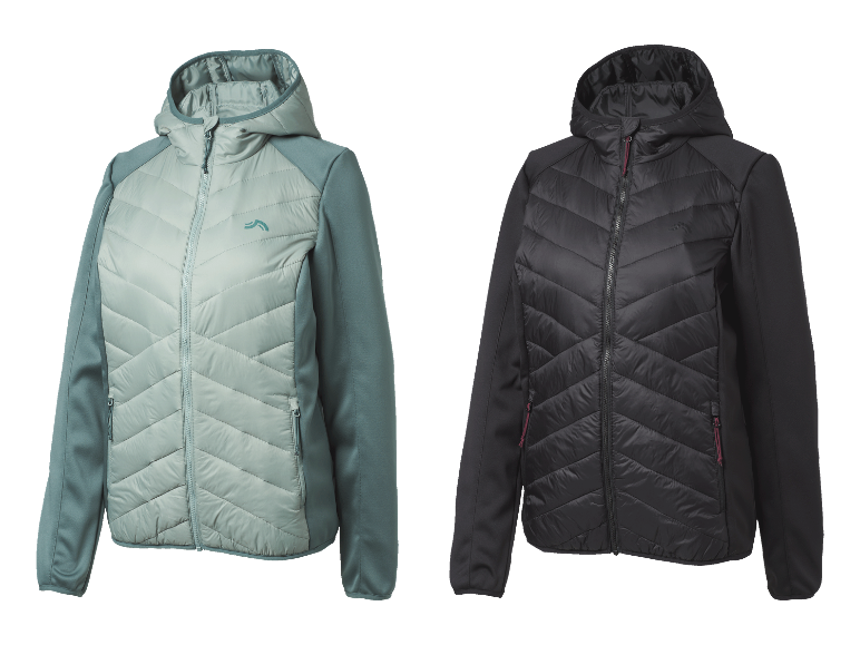 Twee hybride jassen met capuchon, één lichtgroen en één zwart.