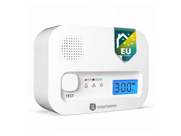 Witte koolmonoxidemelder met digitaal display dat 300 PPM toont en EU-certificering.