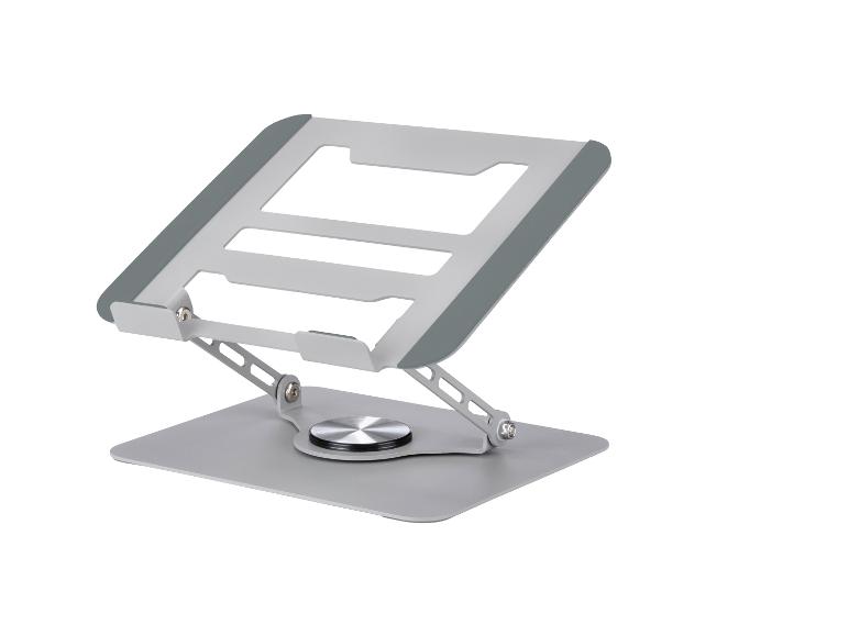 Verstelbare zilveren laptopstandaard met draaibare basis op een witte achtergrond.